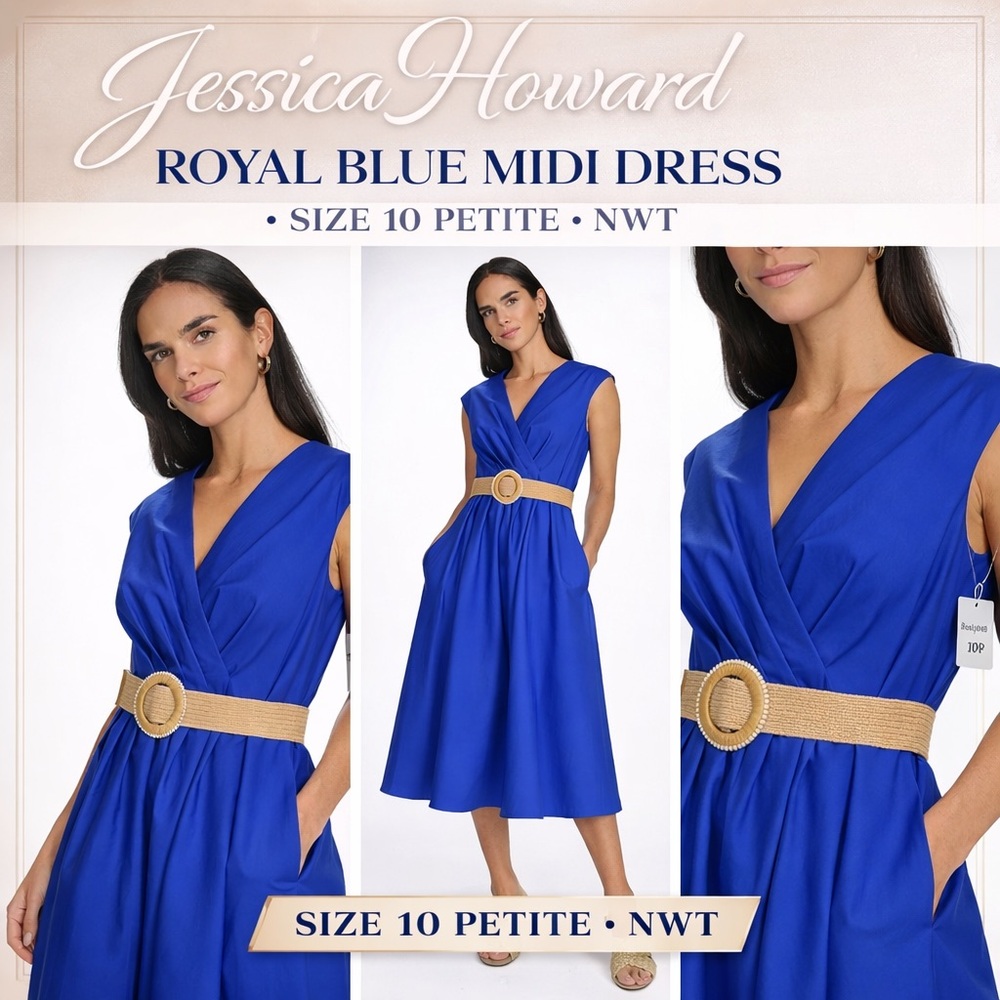 Jessica Howard Blue Belted Midi Dress Petite Size 10P NWT Office Vacation - Picture 2 of 9